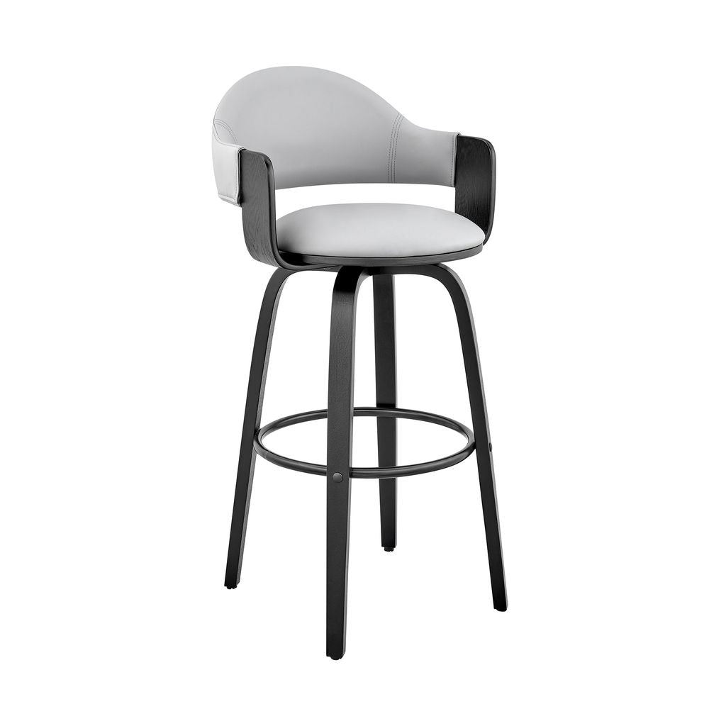 26 Inch Leatherette Barstool with Curved Back, Gray and Black