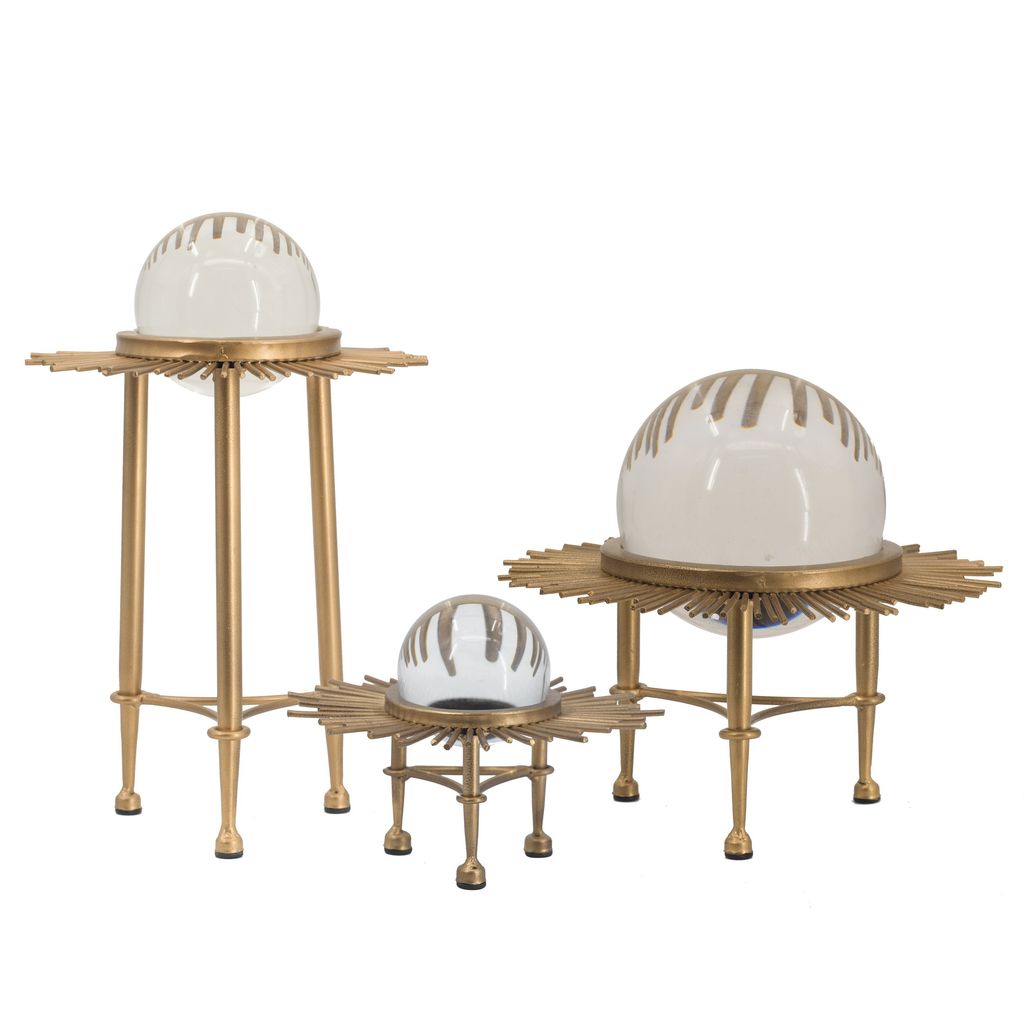 12, 9, 8 Inch Set of 3 Crystal Balls, Decorative Accent, Gold