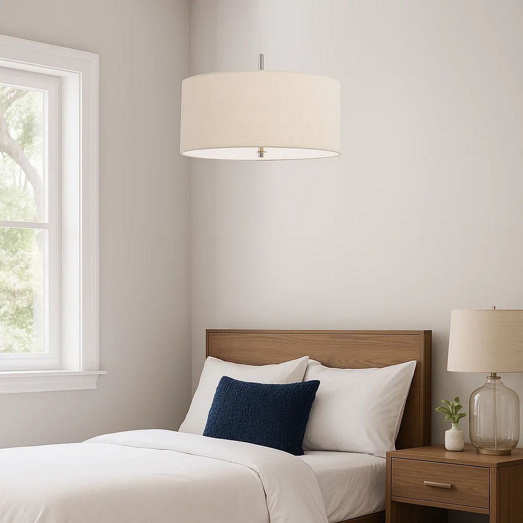 Metal Pendant Lighting with Fabric Circular Drum Shade, Off White - View 7