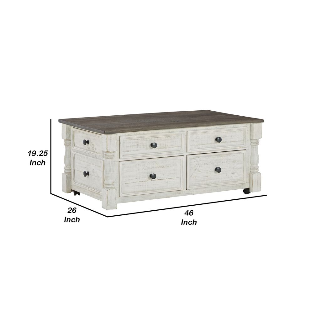46 Inch Rectangular Lift Top Coffee Table, Faux Drawer Front, White, Brown - View 5