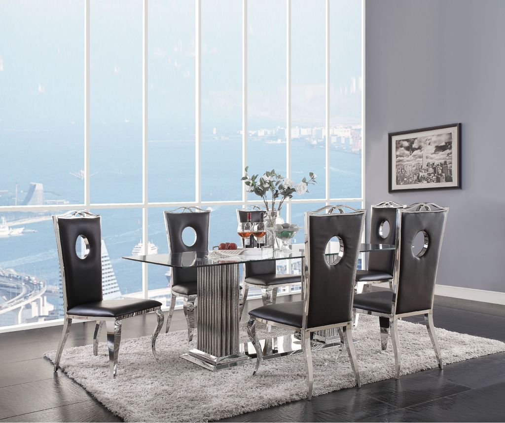 19 Inch Dining Side Chair, Faux Leather, Set of 2, Black, Silver - View 7