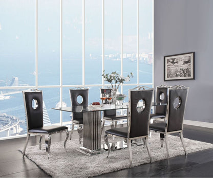 19 Inch Dining Side Chair, Faux Leather, Set of 2, Black, Silver - View 7