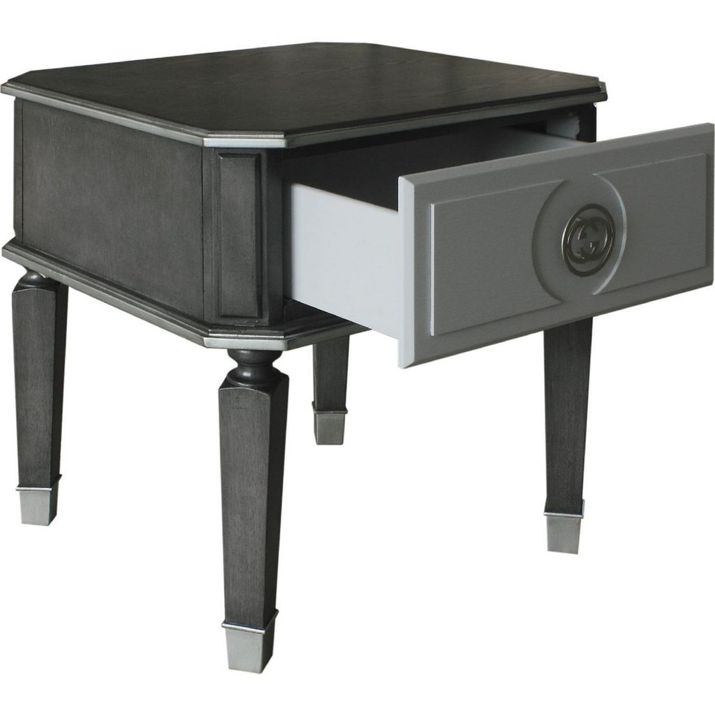 MDF End Table with 1 Drawer and Turned Tapered Legs, Gray and Silver - View 4