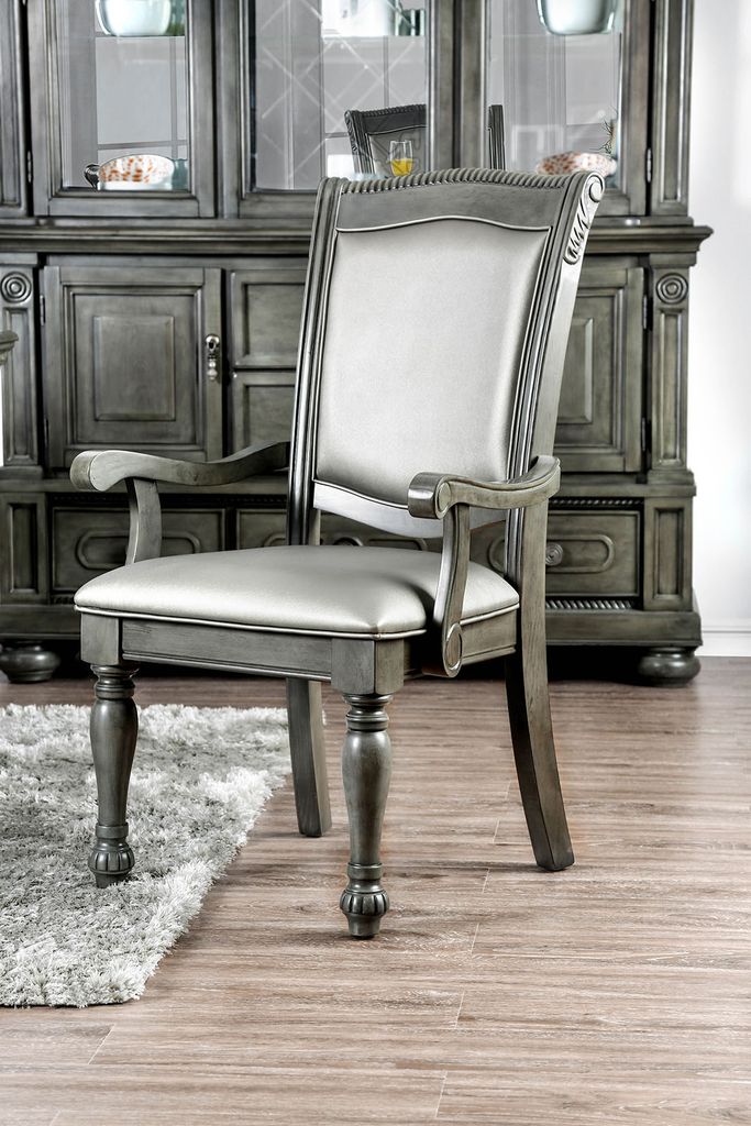 Traditional Style Wooden Arm Chair With Leatherette Cushions In Gray, Set Of 2 - View 2