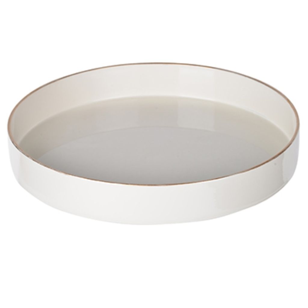 Mimosa Plastic Round Tray, Gold Accented Trims, Glossy White
