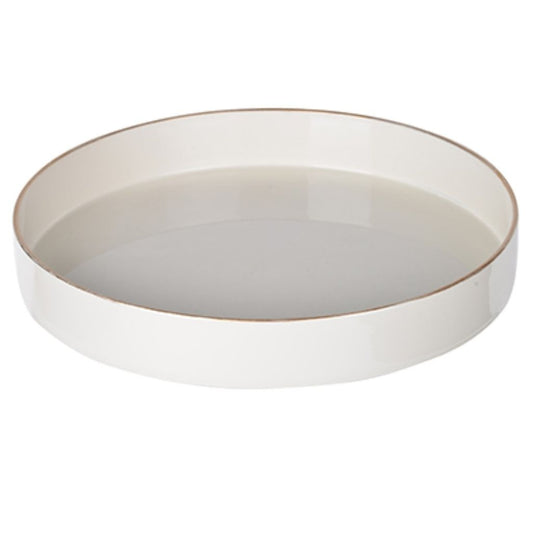 Mimosa Plastic Round Tray, Gold Accented Trims, Glossy White