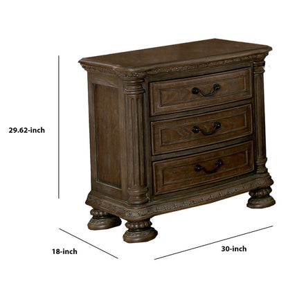 Wooden Nightstand with 3 Drawers and Intricate Carving Details, Brown - View 5