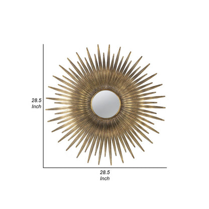 28 Inch Wall Mount Accent Mirror with Round Sunburst Iron Frame,  Gold - View 5