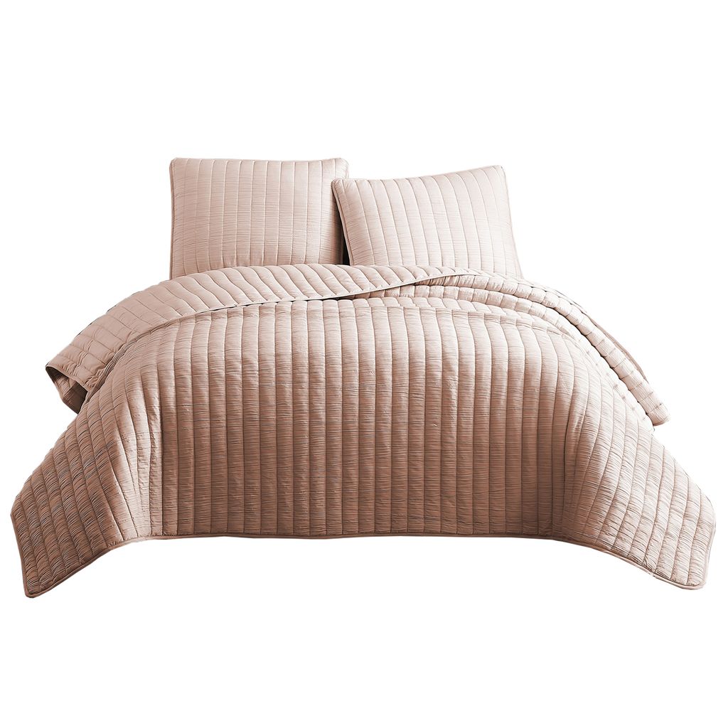 3 Piece Crinkles Queen Size Coverlet Set with Vertical Stitching, Pink