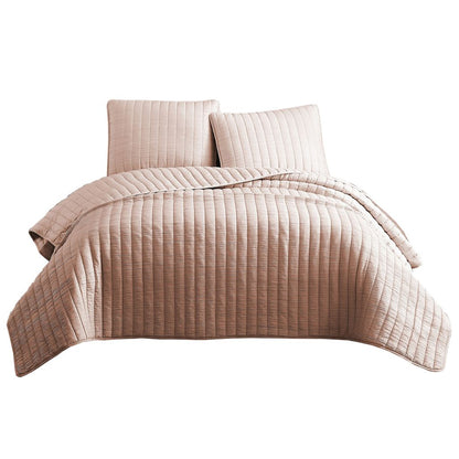 3 Piece Crinkles Queen Size Coverlet Set with Vertical Stitching, Pink