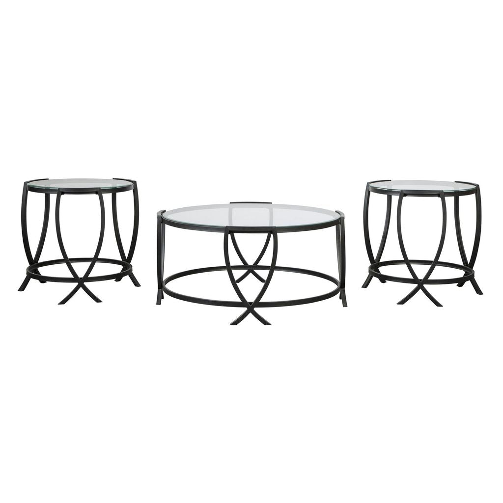 Contemporary Round Table Set with Glass Top and Geometric Metal Body, Black - View 2
