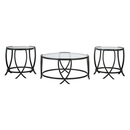 Contemporary Round Table Set with Glass Top and Geometric Metal Body, Black - View 2