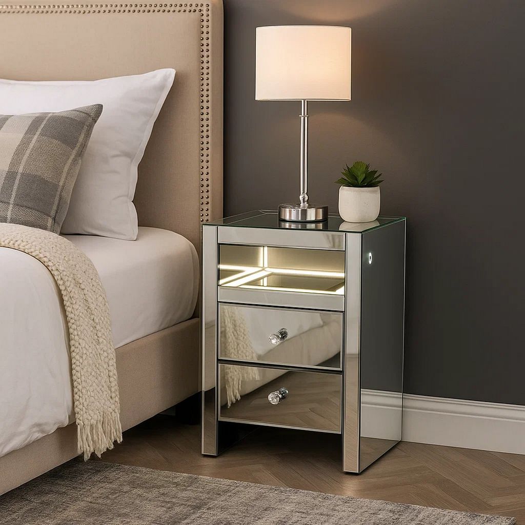2 Drawer Beveled Mirrored Accent Table with Glass Top and LED, Silver - View 7
