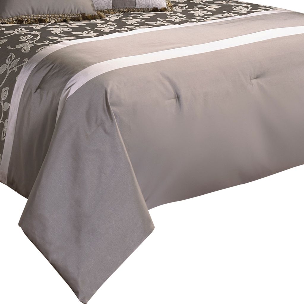 10 Piece King Polyester Comforter Set with Leaf Print, Platinum Gray - View 2
