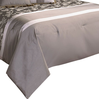 10 Piece King Polyester Comforter Set with Leaf Print, Platinum Gray - View 2