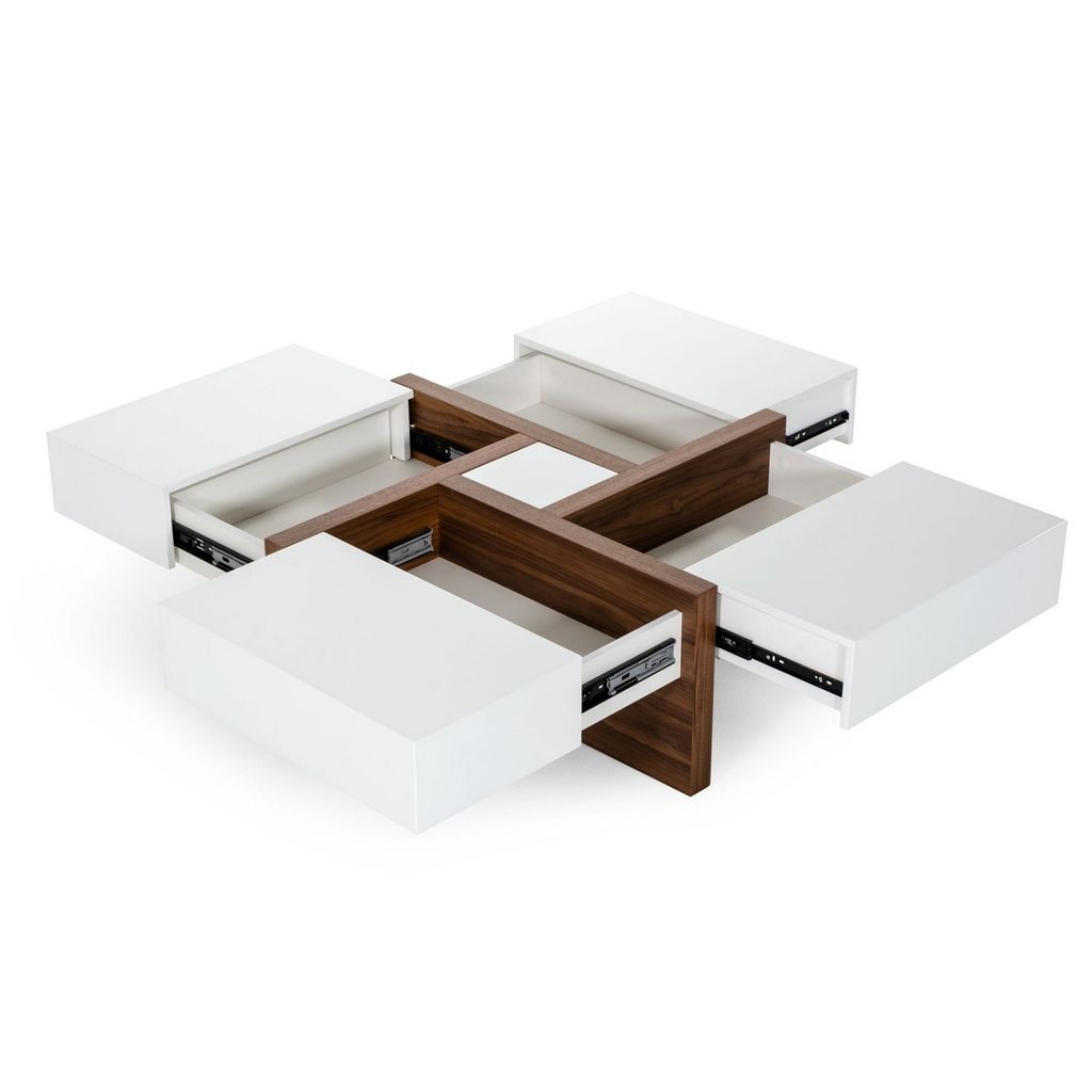 Cid 39 Inch Modern Wood Coffee Table, Puzzle Top Storage, White, Walnut - View 2