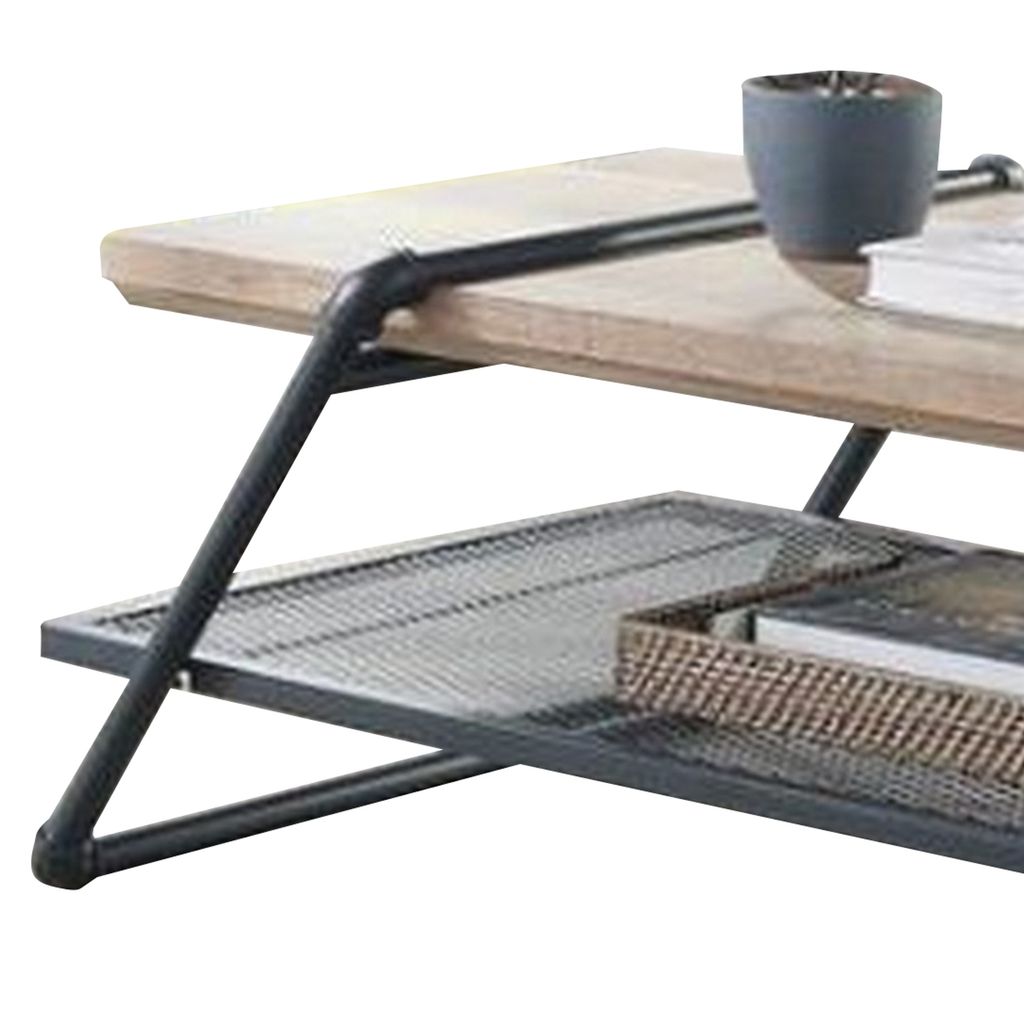 Coffee Table with Wooden Top and Mesh Shelf, Brown and Black - View 4