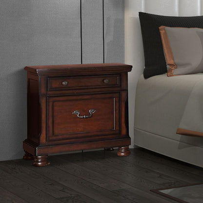 Two Drawers Wooden Nightstand with Bun Feet, Brown - View 7