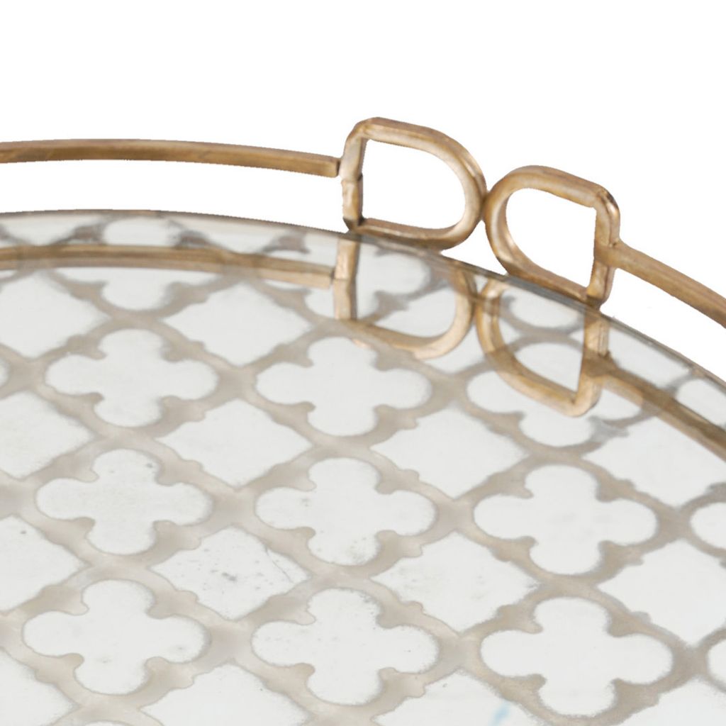 Sui 18 Inch Round Decorative Tray, Glass Bottom and Gold Geometric Frame - View 3