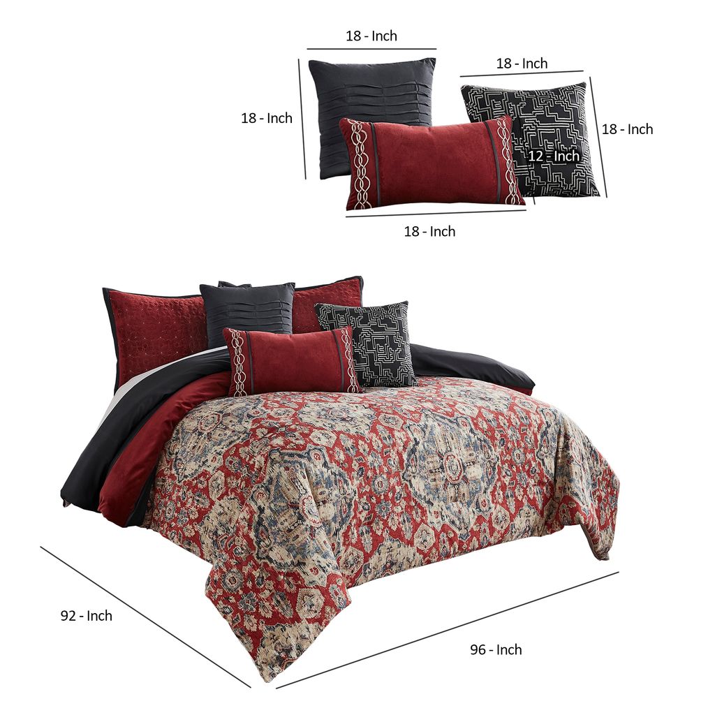9 Piece Queen Size Comforter Set with Medallion Print, Red and Blue - View 6