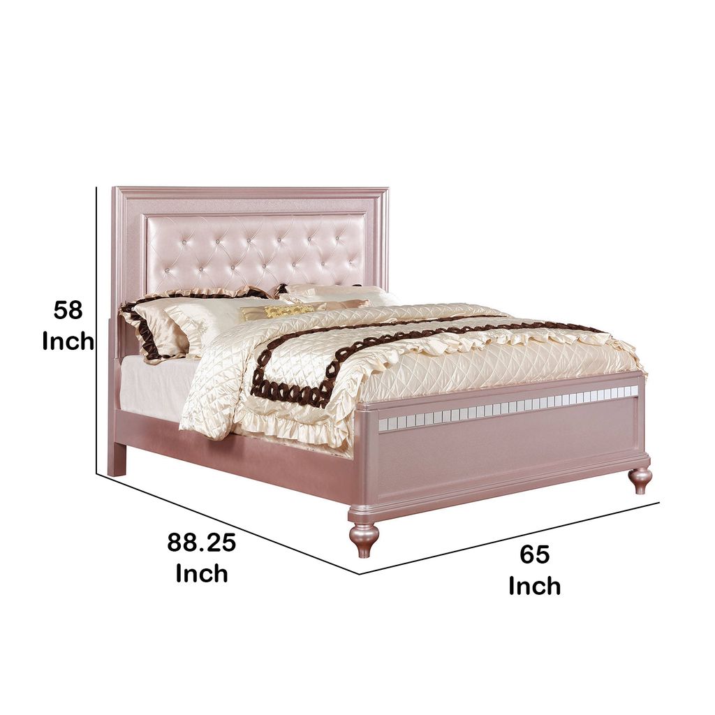 Contemporary Queen Size Wooden Bed With Mirror Trim Details, Pink - View 6