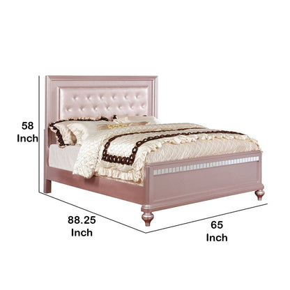 Contemporary Queen Size Wooden Bed With Mirror Trim Details, Pink - View 6