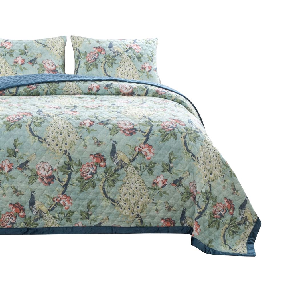 Eden 3 Piece King Quilt Set, Peacock Print, Green Microfiber - View 3