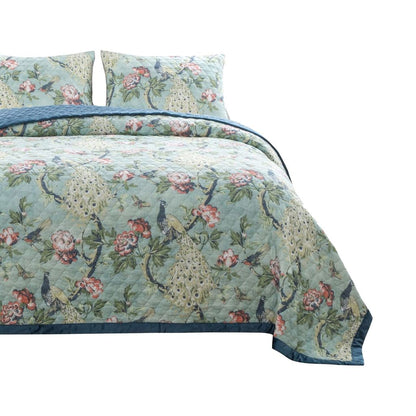 Eden 3 Piece King Quilt Set, Peacock Print, Green Microfiber - View 3