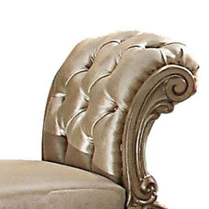 Fabric Upholstered Wooden Vanity Stool with Tufted Back, Gold & Bone White - View 4