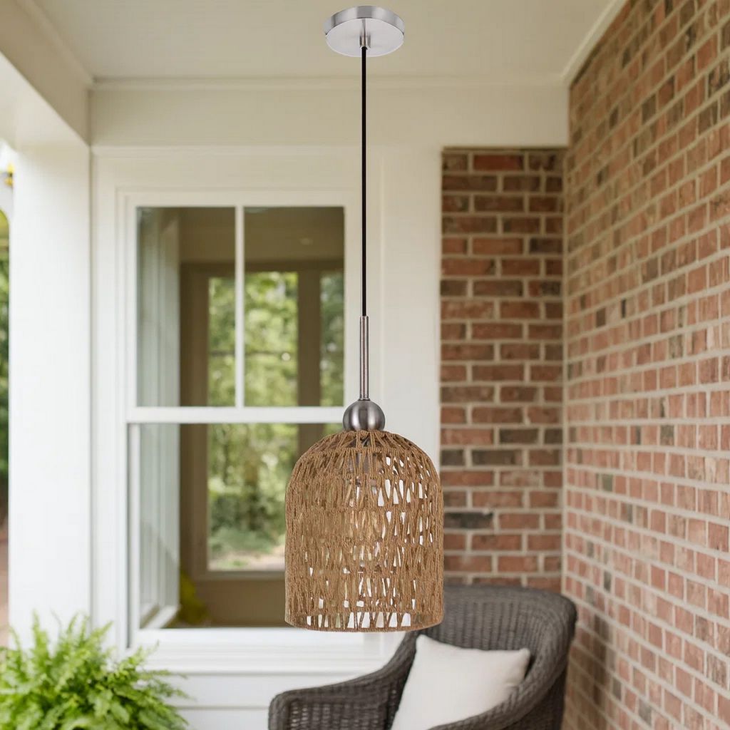 8 Inch Dia. Pendant Ceiling Light Fixture, Rope Woven Shade, Brown, Chrome - View 7