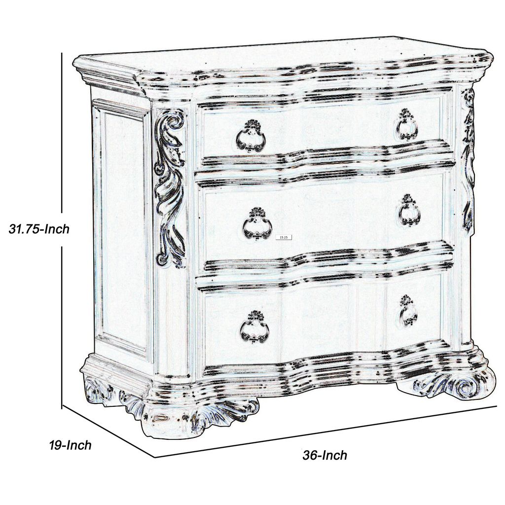 3 Drawer Nightstand with Carved Pilaster and Bracket Feet, Cherry Brown - View 5