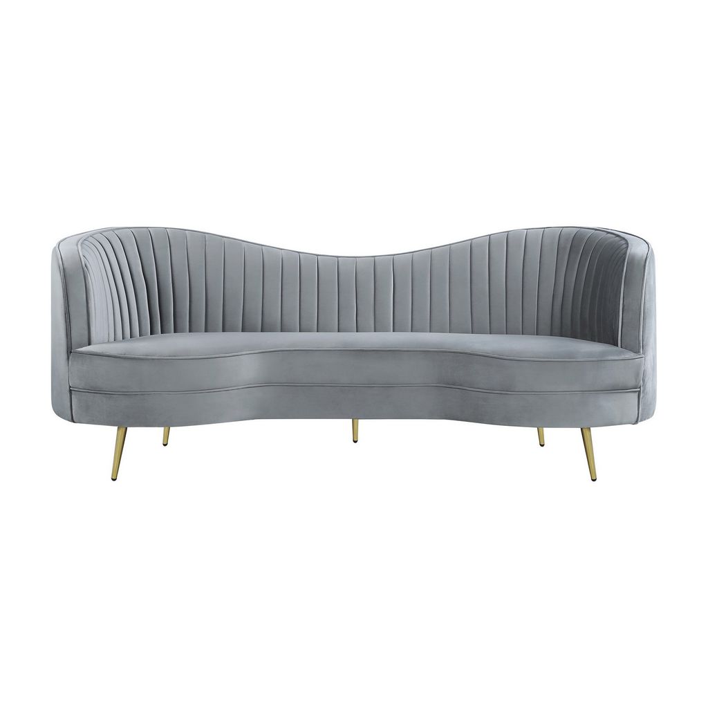 Enzo 84 Inch Modern Sofa, Curved Kidney Shape, Channel Tufted, Gray, Gold - View 2