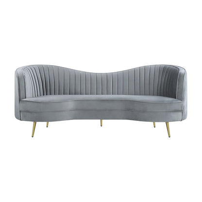 Enzo 84 Inch Modern Sofa, Curved Kidney Shape, Channel Tufted, Gray, Gold - View 2