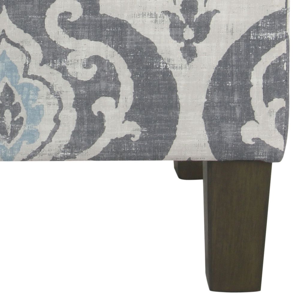 Wooden Ottoman with Patterned Fabric Upholstery and Hidden Storage, Gray and Blue - View 5