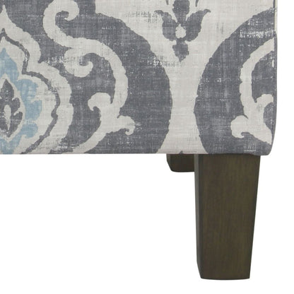 Wooden Ottoman with Patterned Fabric Upholstery and Hidden Storage, Gray and Blue - View 5