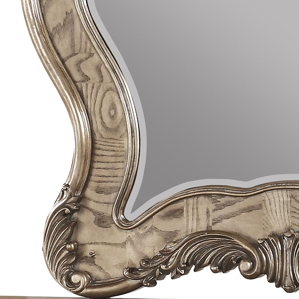 Wooden Mirror with Scrollwork Crown and Trim Details, Brown and Silver - View 2