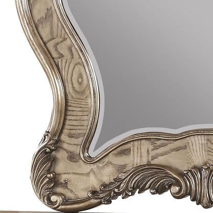Wooden Mirror with Scrollwork Crown and Trim Details, Brown and Silver - View 2