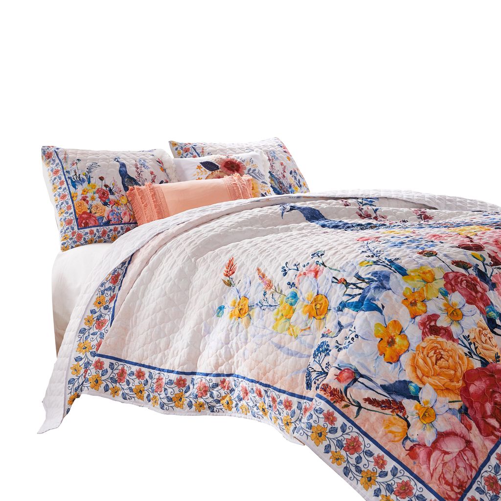 Tess Microfiber 3 Piece King Quilt Set, Peacock, Floral Print, Multicolor - View 2