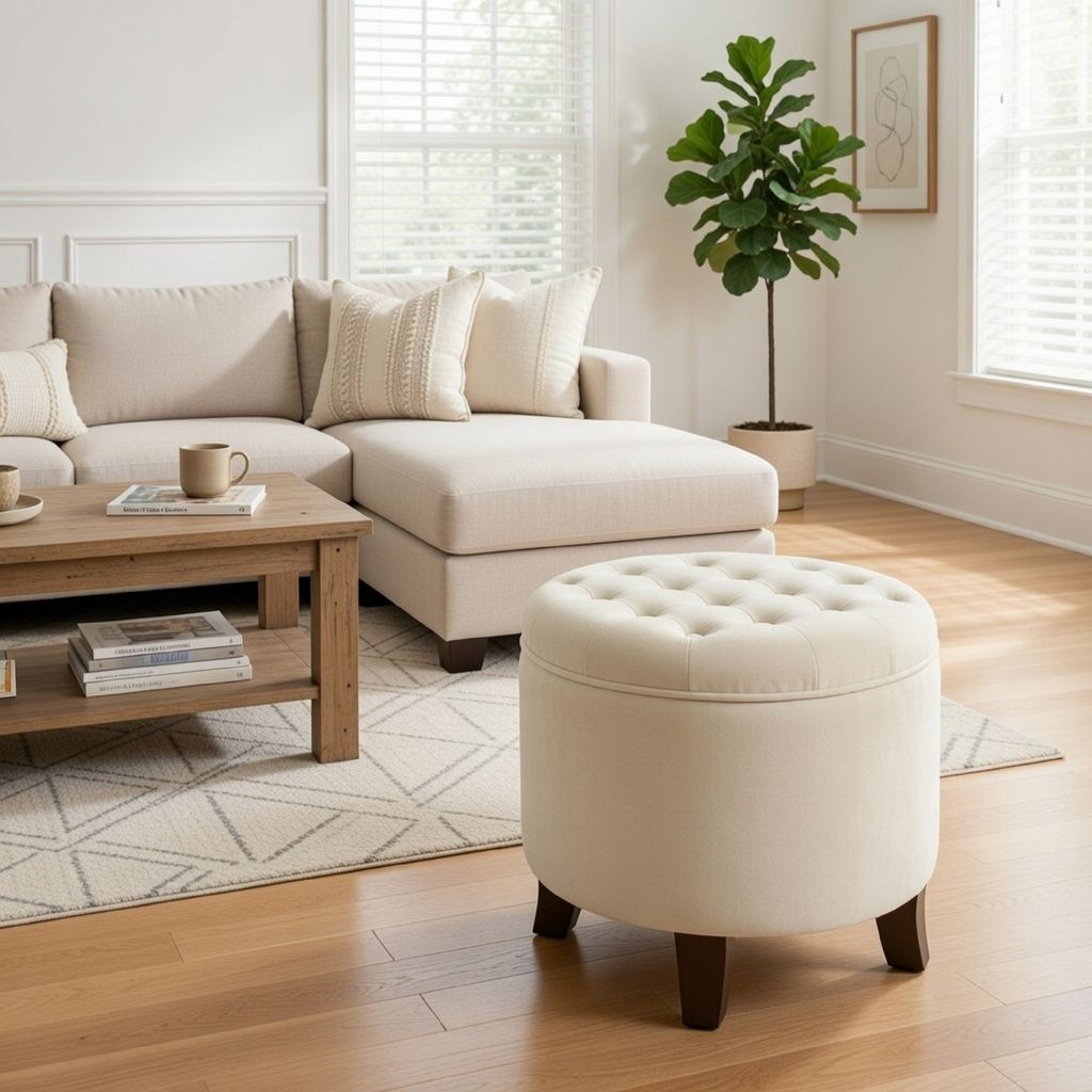 Button Tufted Velvet Upholstered Wooden Ottoman with Hidden Storage, Cream and Brown - View 7