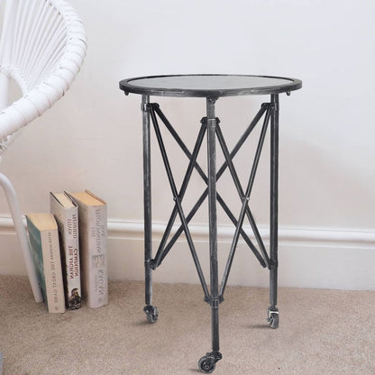 27 Inch Side Table, Round Metal Body, Glass Tabletop, 3 Wheels, Silver - View 7