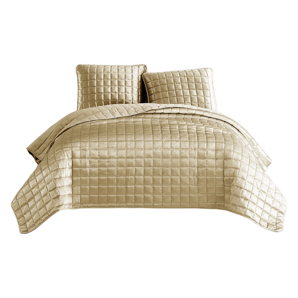 3 Piece King Size Coverlet Set with Stitched Square Pattern, Gold