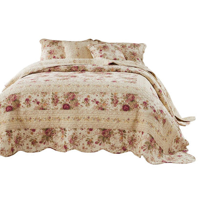 Rosle 3 Piece Queen Bedspread Set, Floral Print, Scalloped, Cream, Pink - View 4