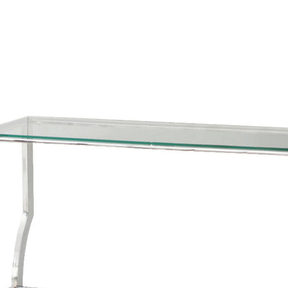 Glass Top Sofa Table with Metal Frame and Mirror Shelf, Chrome - View 2