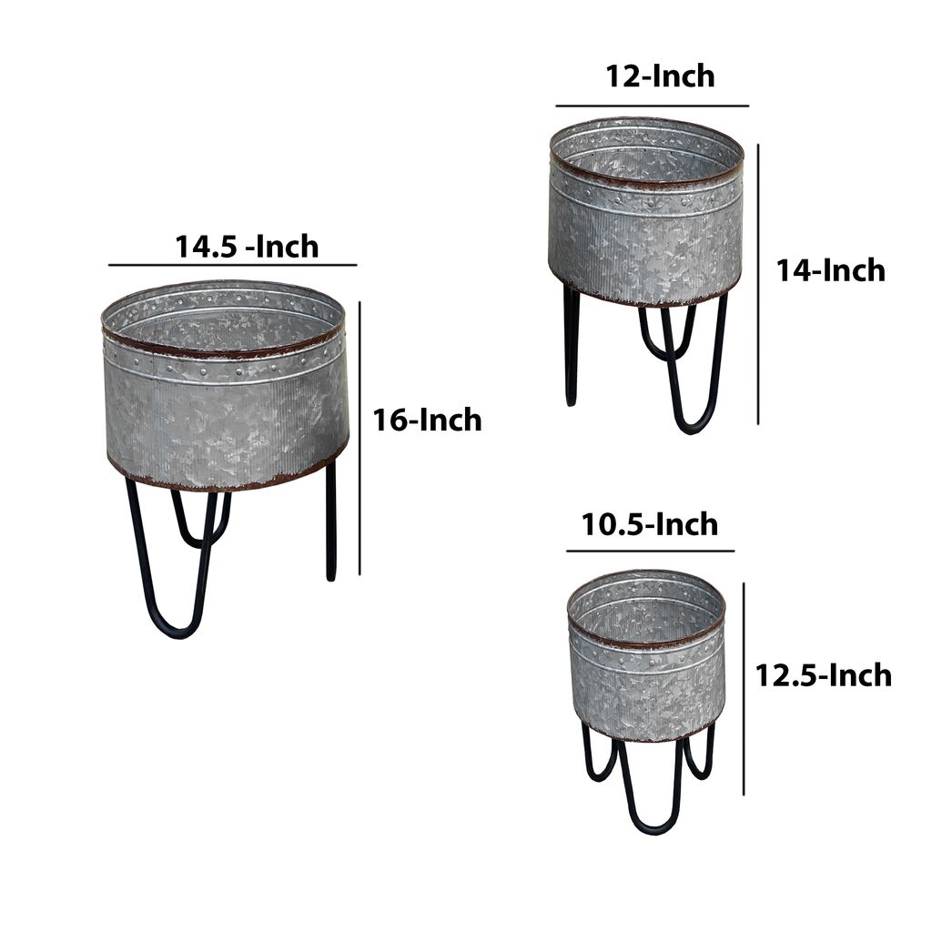 Galvanized Sheet Planter Tubs, Iron Powder Coated Hairpin Legs, Set of 3, Gray, Black - View 6