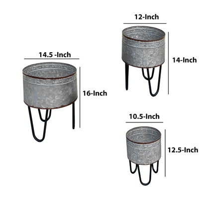 Galvanized Sheet Planter Tubs, Iron Powder Coated Hairpin Legs, Set of 3, Gray, Black - View 6