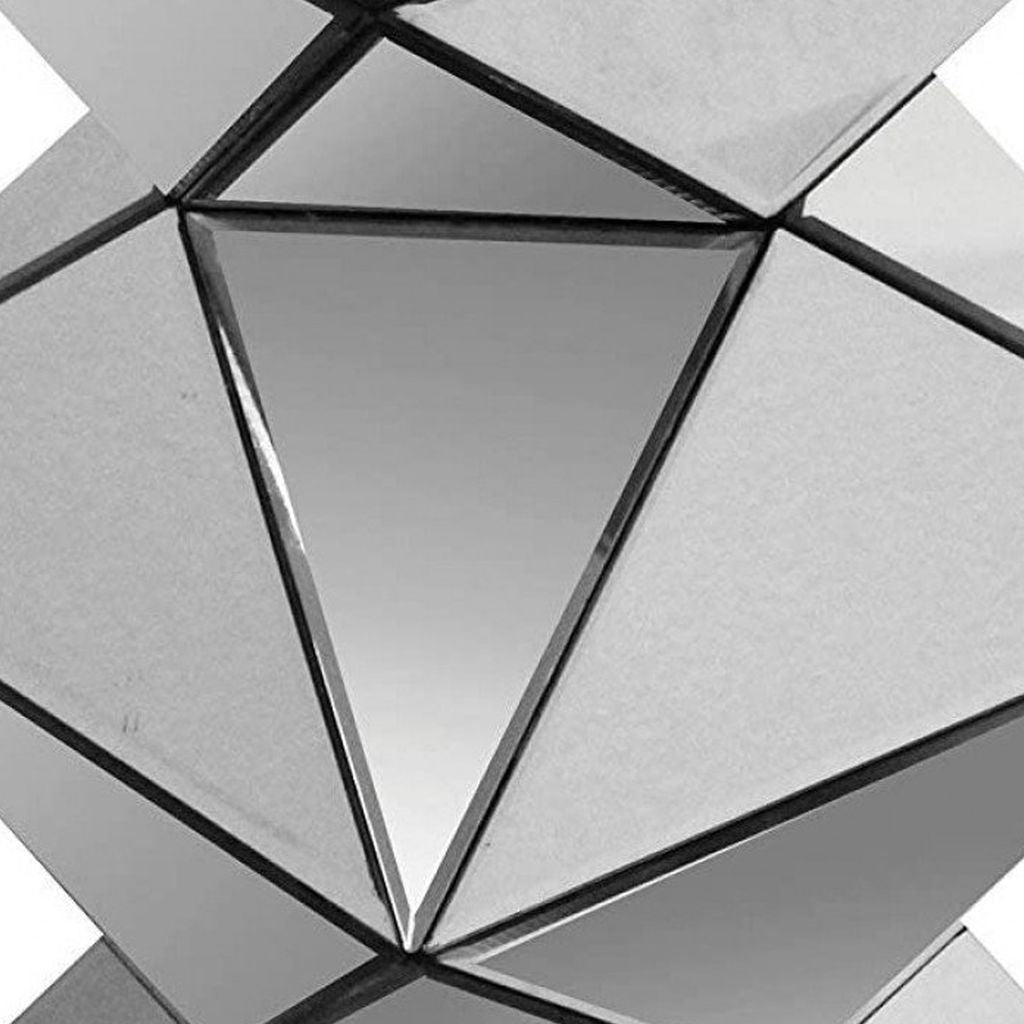 20 Inch Modern End Table, Square Mirror Top, Silver Geometric Pedestal Base - View 3