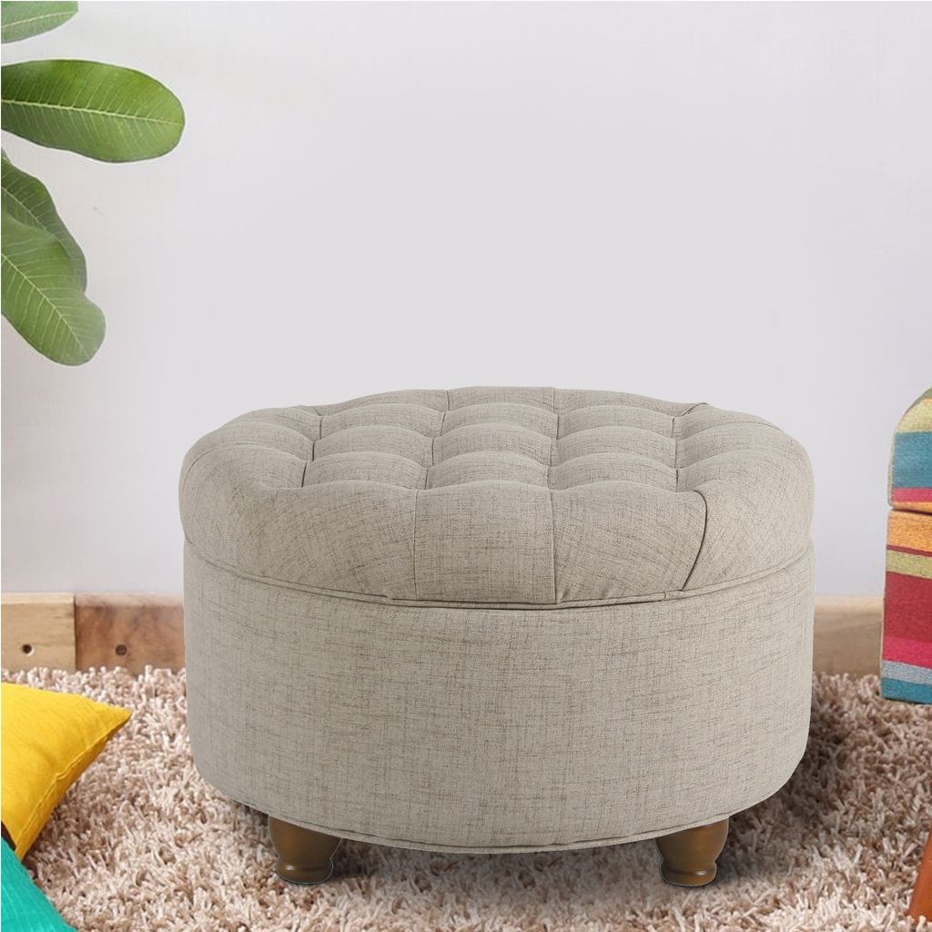 Fabric Upholstered Wooden Ottoman with Tufted Lift Off Lid Storage, Beige - View 7