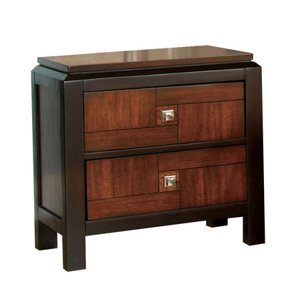 28 Inch Handcrafted Bedside Nightstand, 2 Drawers, Sleek Wood Pattern, Square Knobs, Walnut Brown