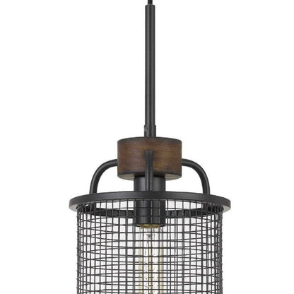 Cylindrical Grid Design Metal Chandelier with Wooden Accent, Black - View 6