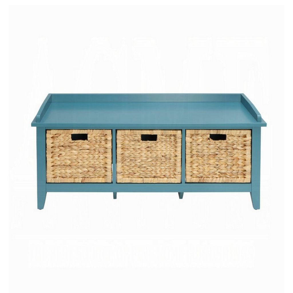 Rectangular Wooden Bench with Storage Basket, Blue - View 3